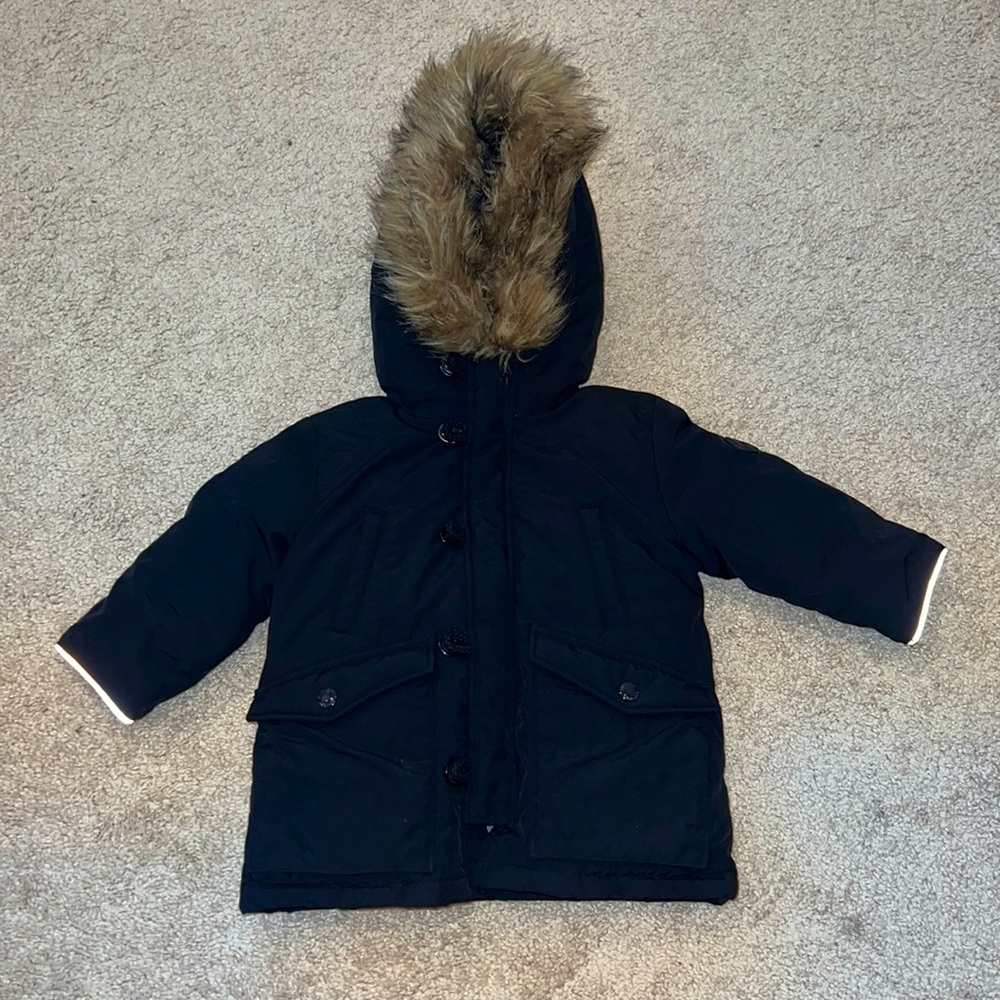Baby Gap Navy jacket with removable fur hood, size 12-18 months